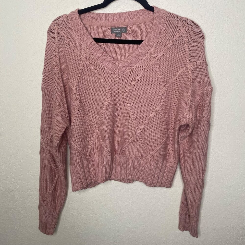Cupcake V-Neck Chunky Crop Diamond  Knit Sweater Womens M Pink Cotton Preppy Coz